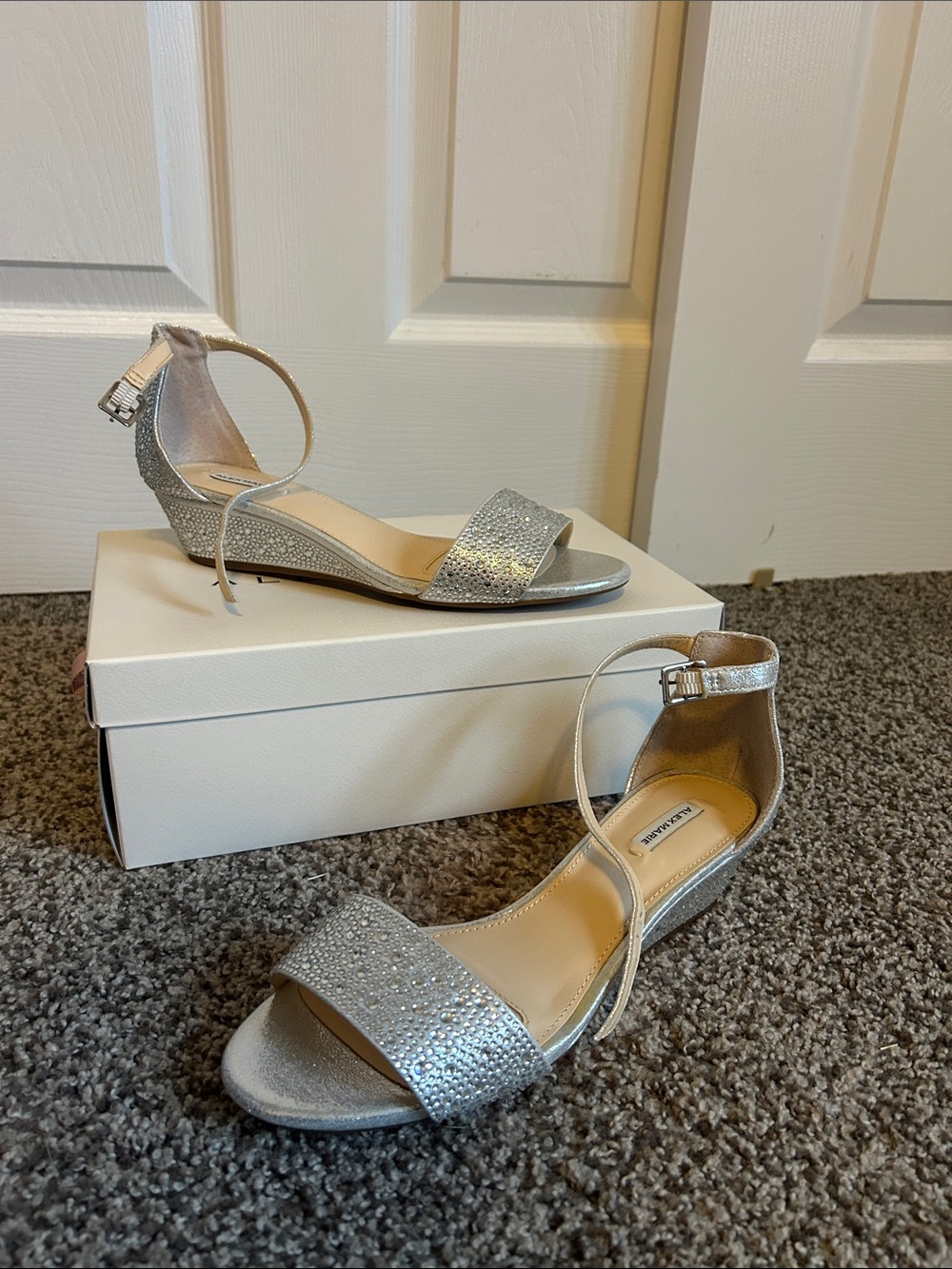 Alex Marie Silver Rhinestone Ankle-Strap Wedges